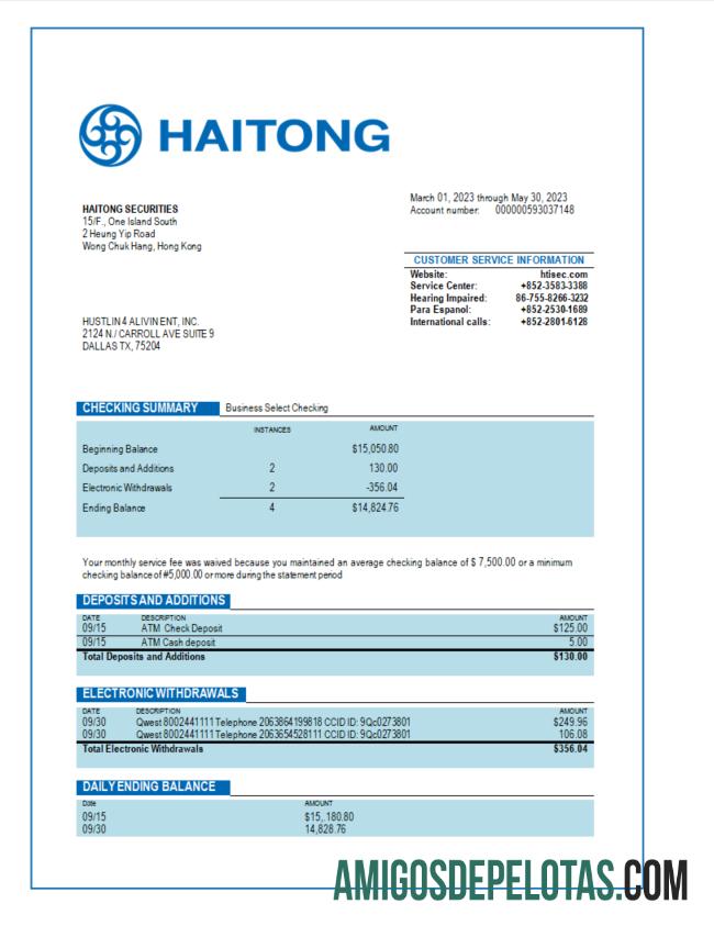 Realista Haitong Securities Business Extrato bancário modelo Word e PDF